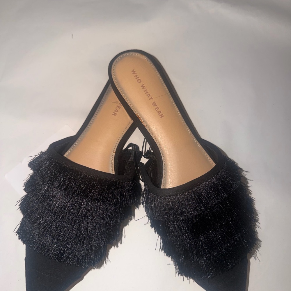 Who What Wear Black Fringe Mule Slides